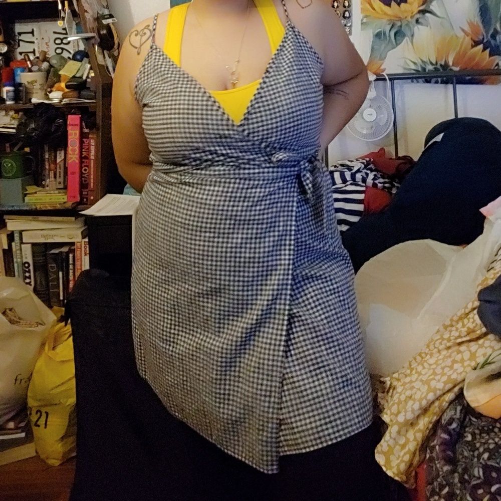 Picnic wrap dress with navy blue plaid